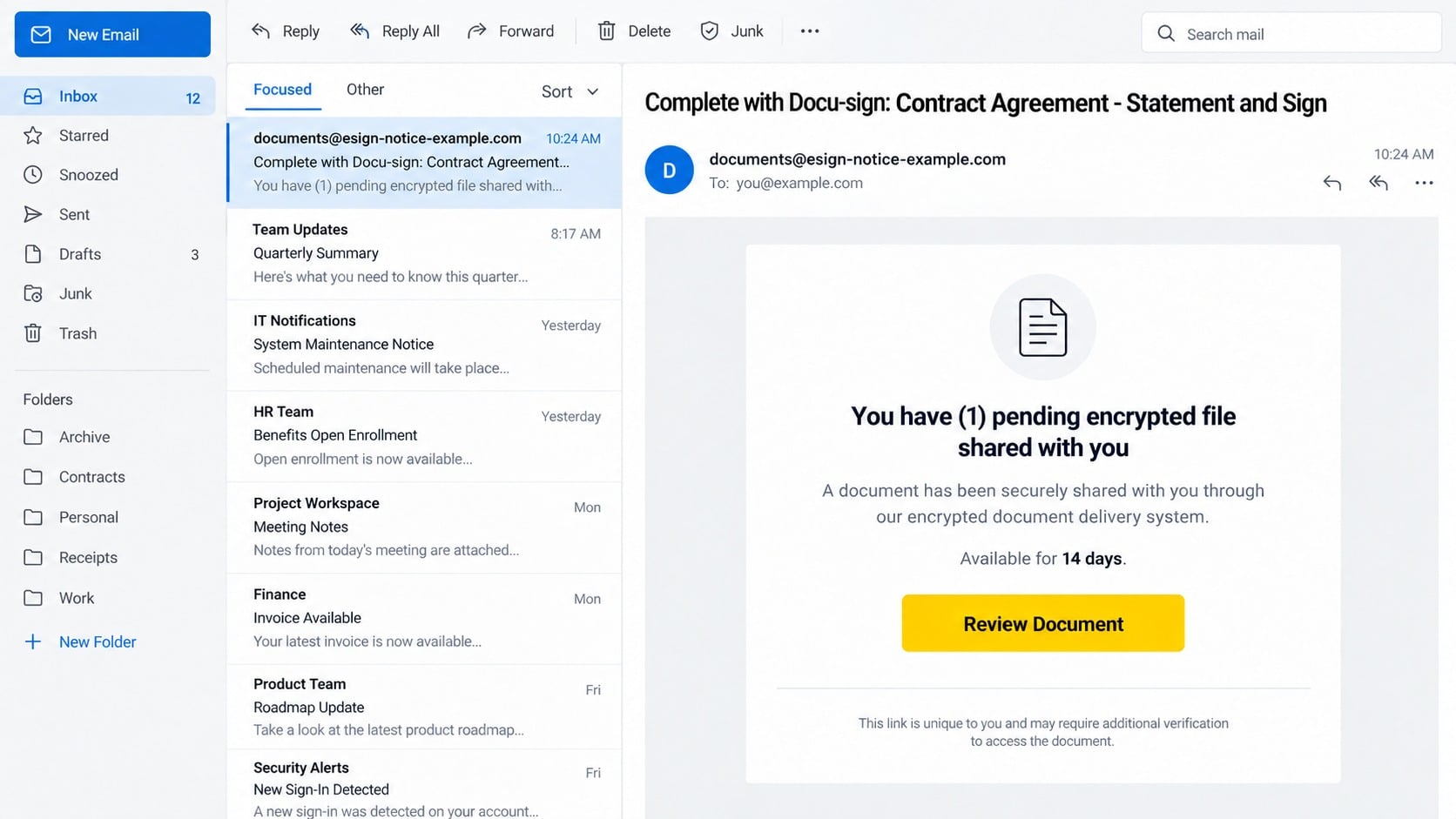 Fake DocuSign message claiming an encrypted contract agreement awaits review