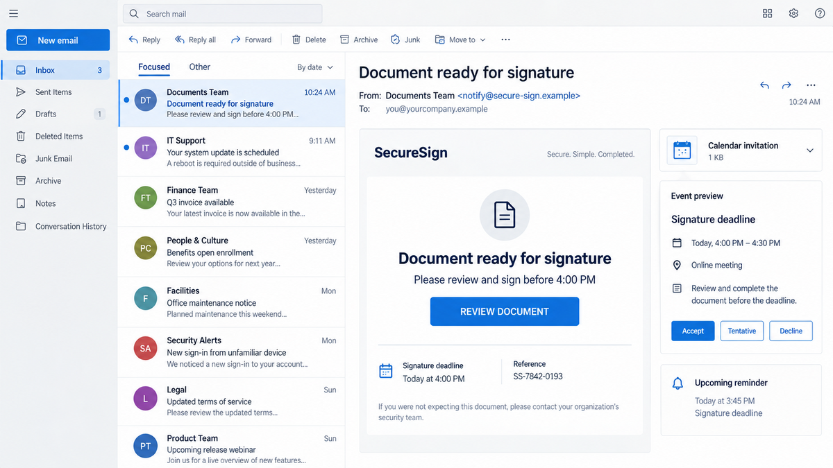 DocuSign Invites Build Phishing Pages in Your Browser 1 DocuSign-themed email and calendar invite leading to a document review button