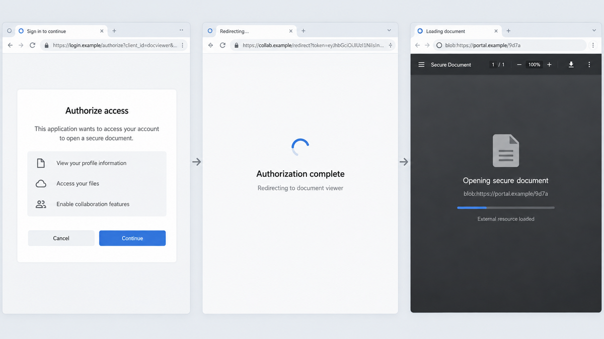 DocuSign Invites Build Phishing Pages in Your Browser 2 Redirect chain moving from a Microsoft OAuth page to an external blob URL
