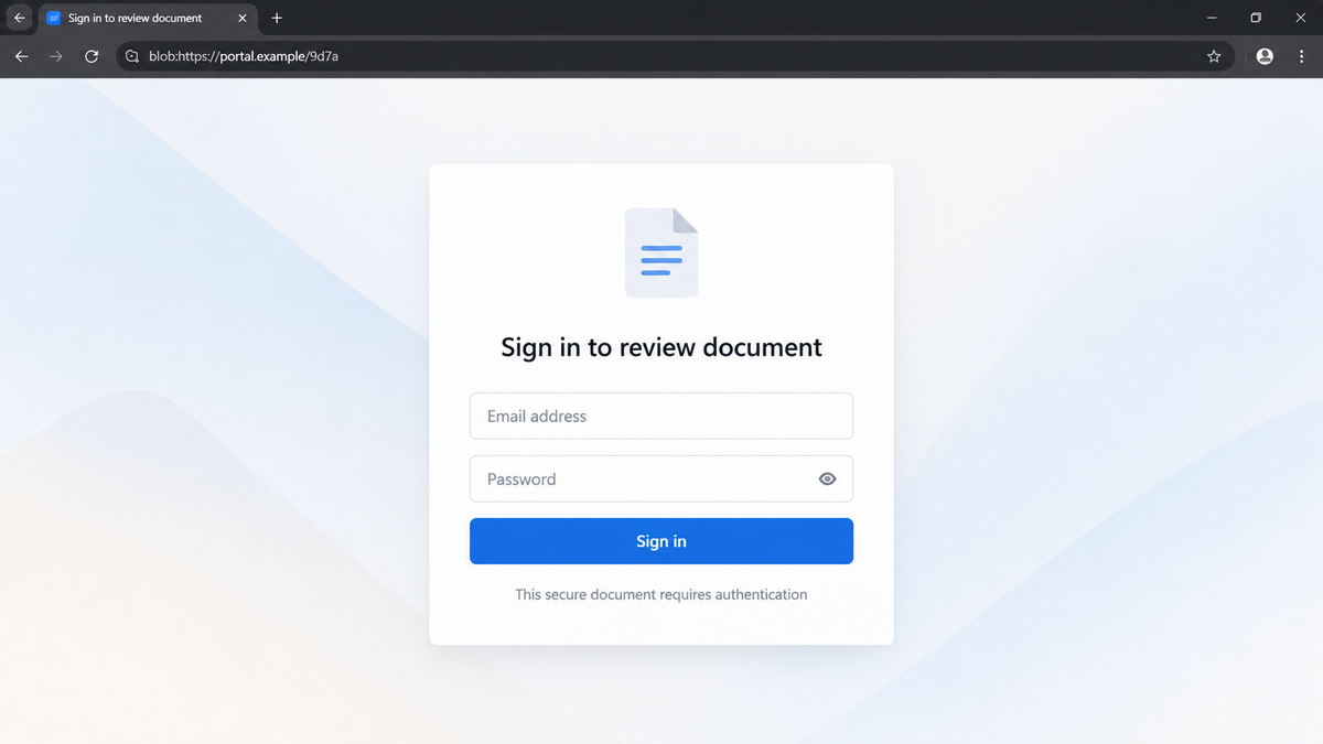 DocuSign Invites Build Phishing Pages in Your Browser 3 Fake Microsoft sign-in form displayed from a temporary blob URL in the browser