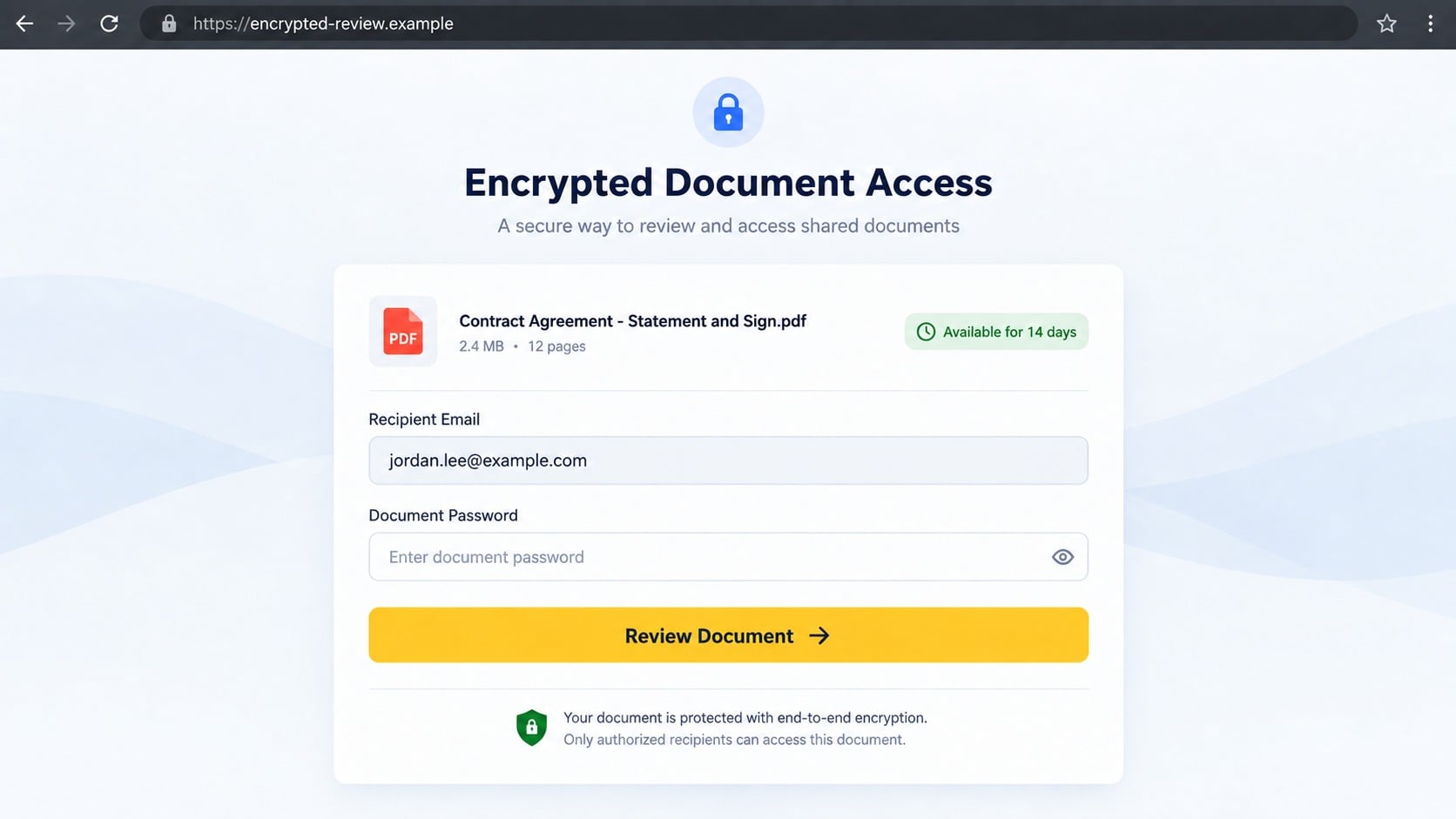 Reconstructed secure document login page associated with an encrypted DocuSign phishing lure