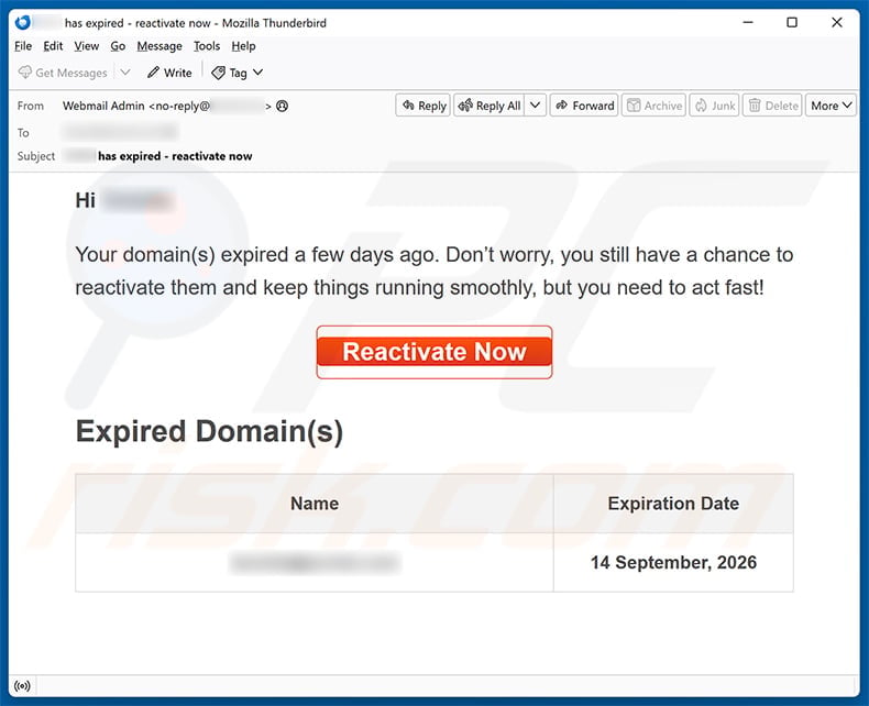 Domain Expired Email Scam: Fake Reactivation Login Page Exposed in Full 1 Domain expired phishing email with a red Reactivate Now button