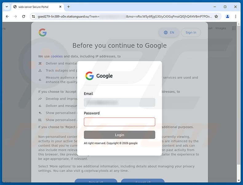 Domain Expired Email Scam: Fake Reactivation Login Page Exposed in Full 2 Fake Google password form on an unrelated stationguard site reached from the domain expiration email