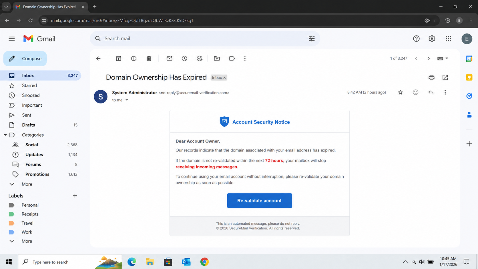 Domain Ownership Has Expired phishing email threatening mailbox suspension