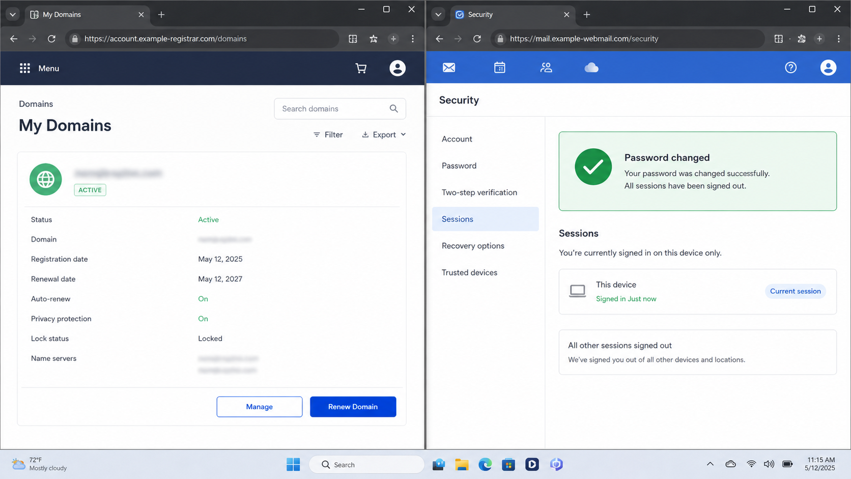 Registrar dashboard showing an active domain beside completed mailbox security recovery