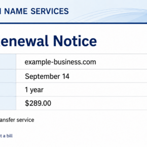Fake Domain Name Services final renewal notice charging $289 for a domain transfer