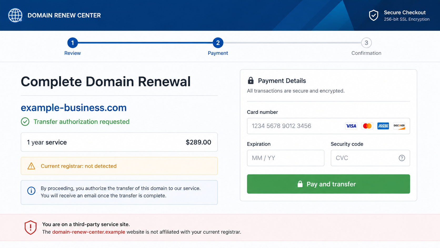 Domain Name Services Letter Scam: How Fake Renewal Notices Trick Businesses 2 Fake domain renewal checkout requesting card details and authorization to transfer the domain