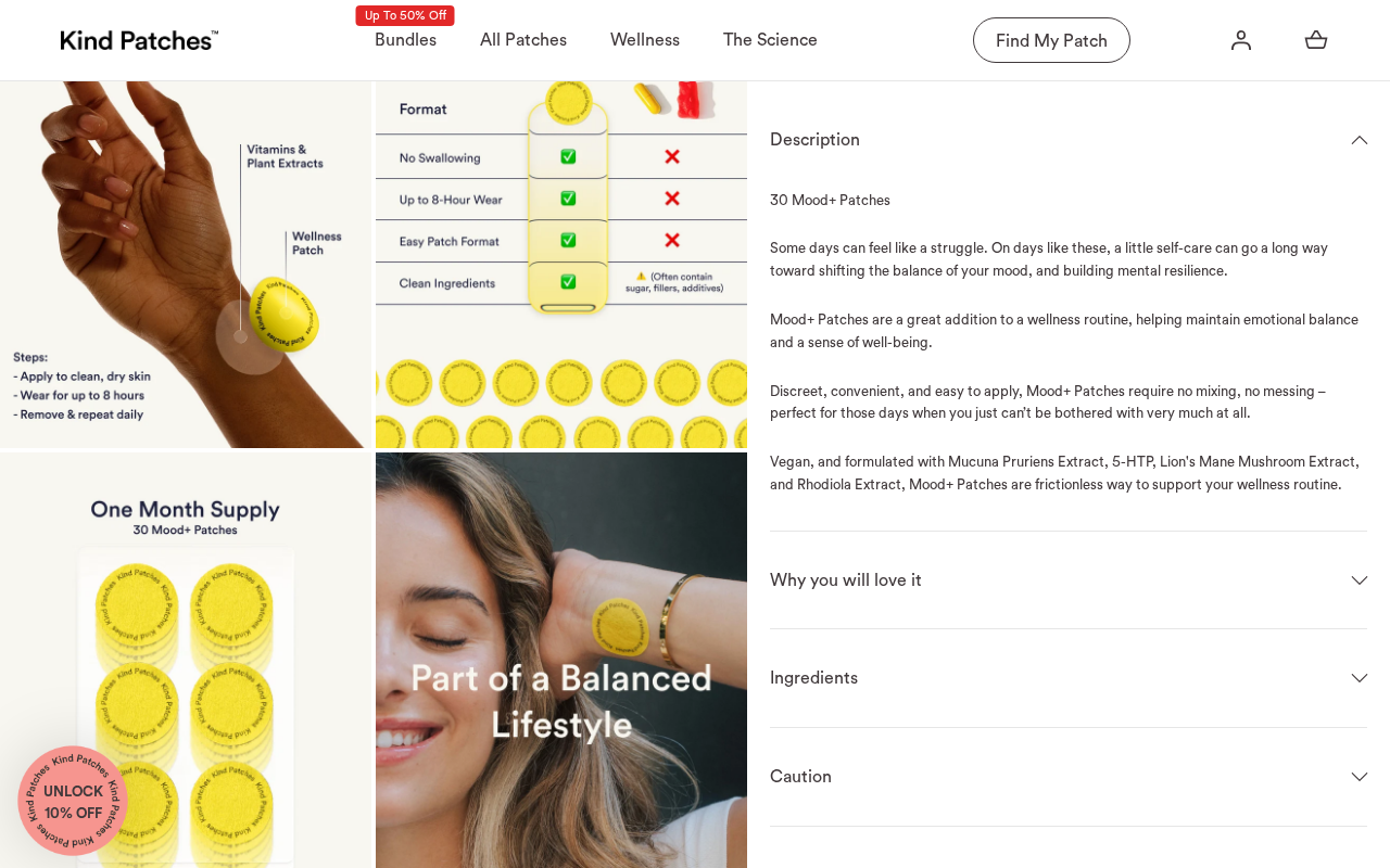Dopamine Patches EXPOSED: Wellness Stickers That Do Not Deliver Dopamine 2 Mood+ patch packaging and key ingredient callouts on the Kind Patches product page