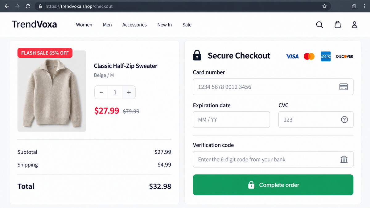 DoppelCart Fake Stores Steal Cards and Bank Codes 1 DoppelCart-style fake store checkout requesting card details and a bank verification code
