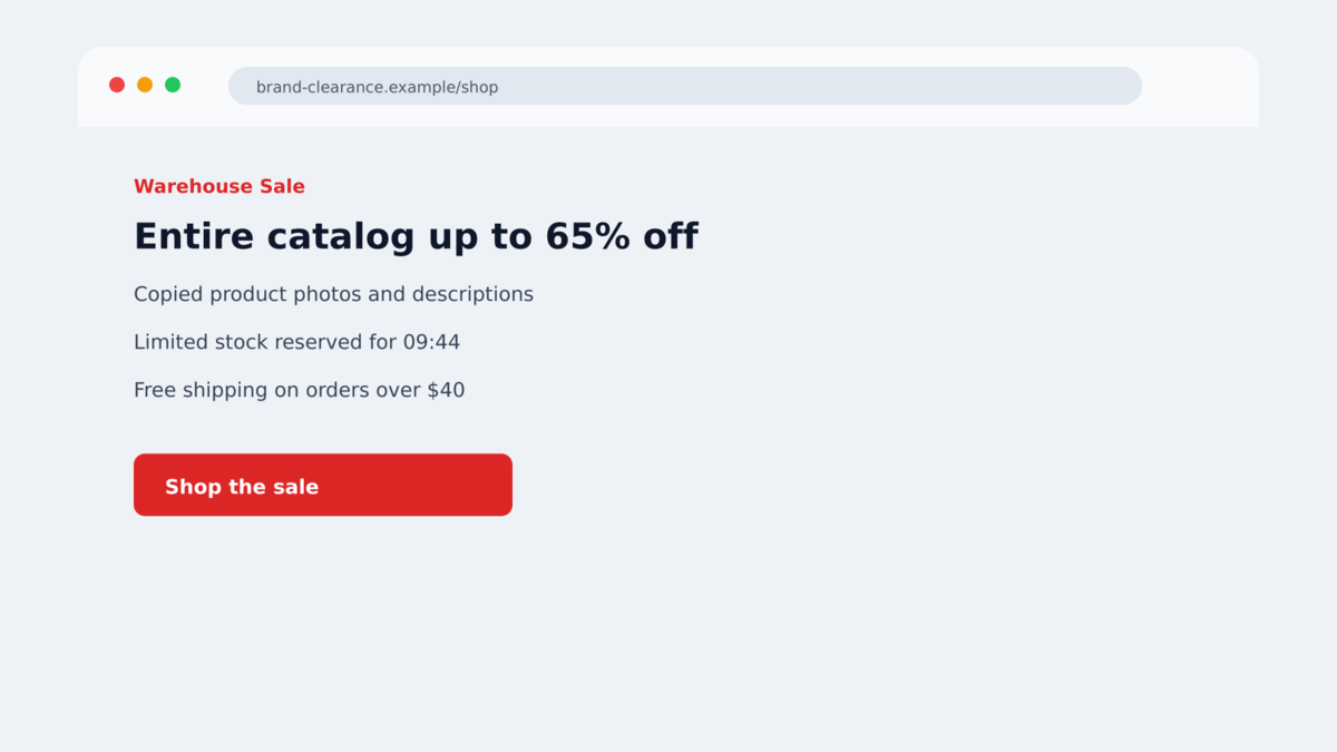 DoppelCart Fake Stores Steal Cards and Bank Codes 2 Copied discount storefront using authentic-looking product photos and a limited sale banner