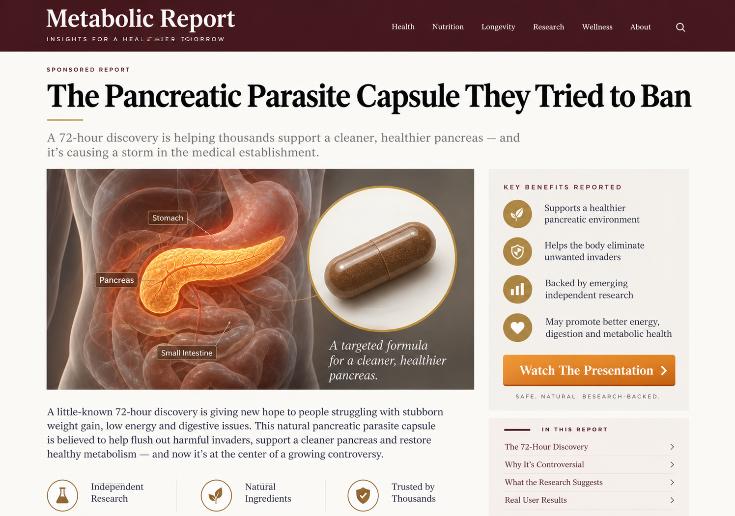 Health advertorial layout illustrating the pancreatic parasite capsule sales story