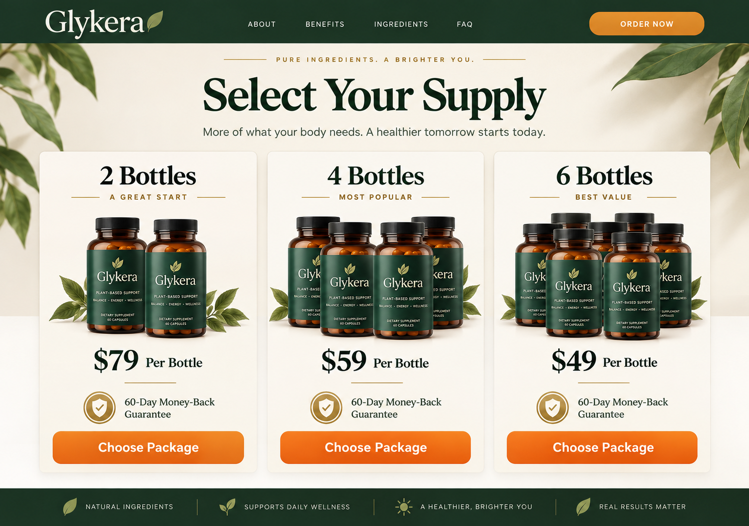 Glykera supplement package illustration showing two, four, and six bottle choices