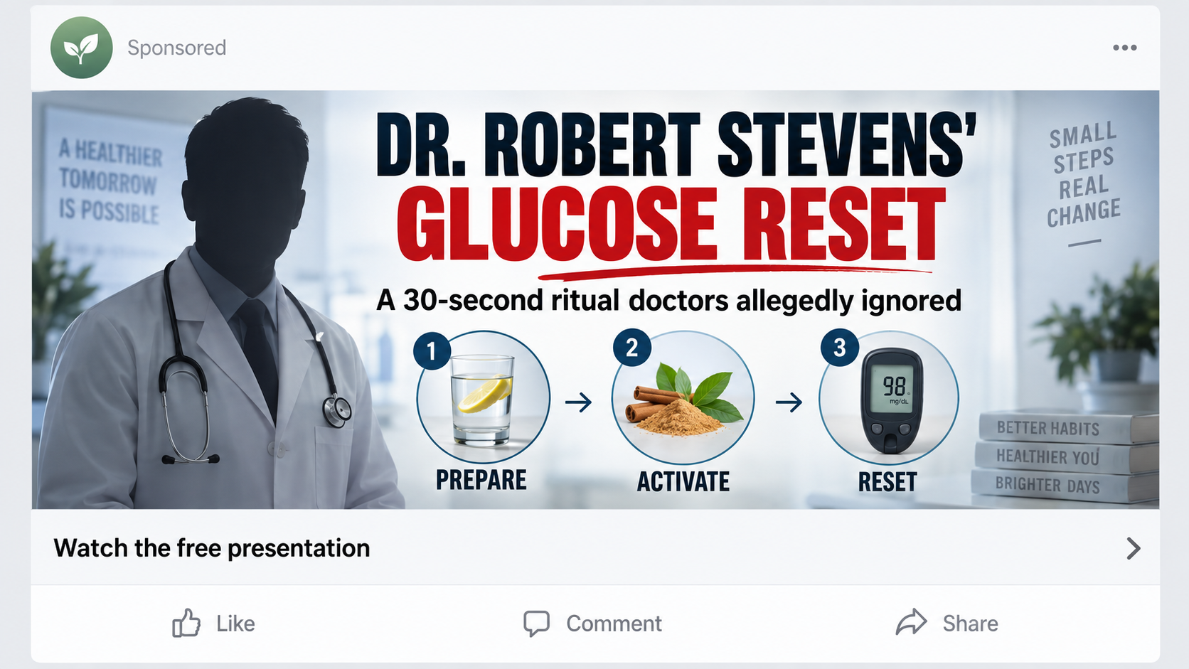 Sponsored health video promoting the alleged Dr. Robert Stevens glucose reset ritual