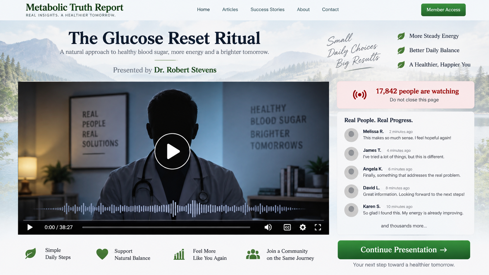 Long video sales page presenting a fake doctor and glucose reset ritual