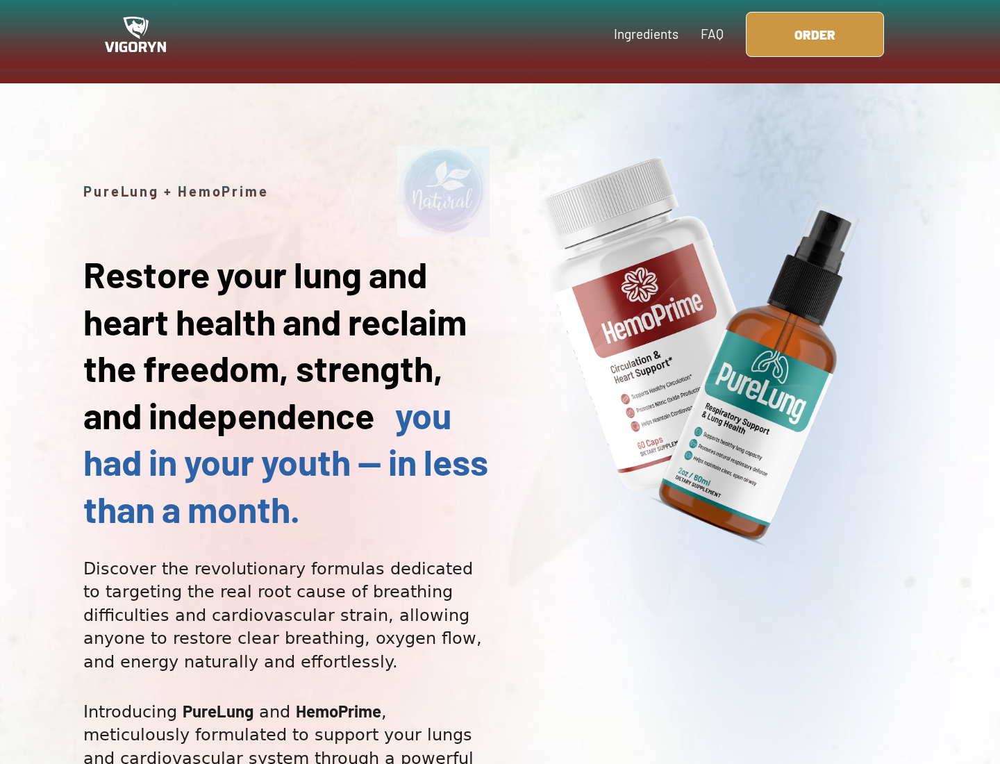 PureLung sales page carrying a different Vigoryn logo and strong breathing claims