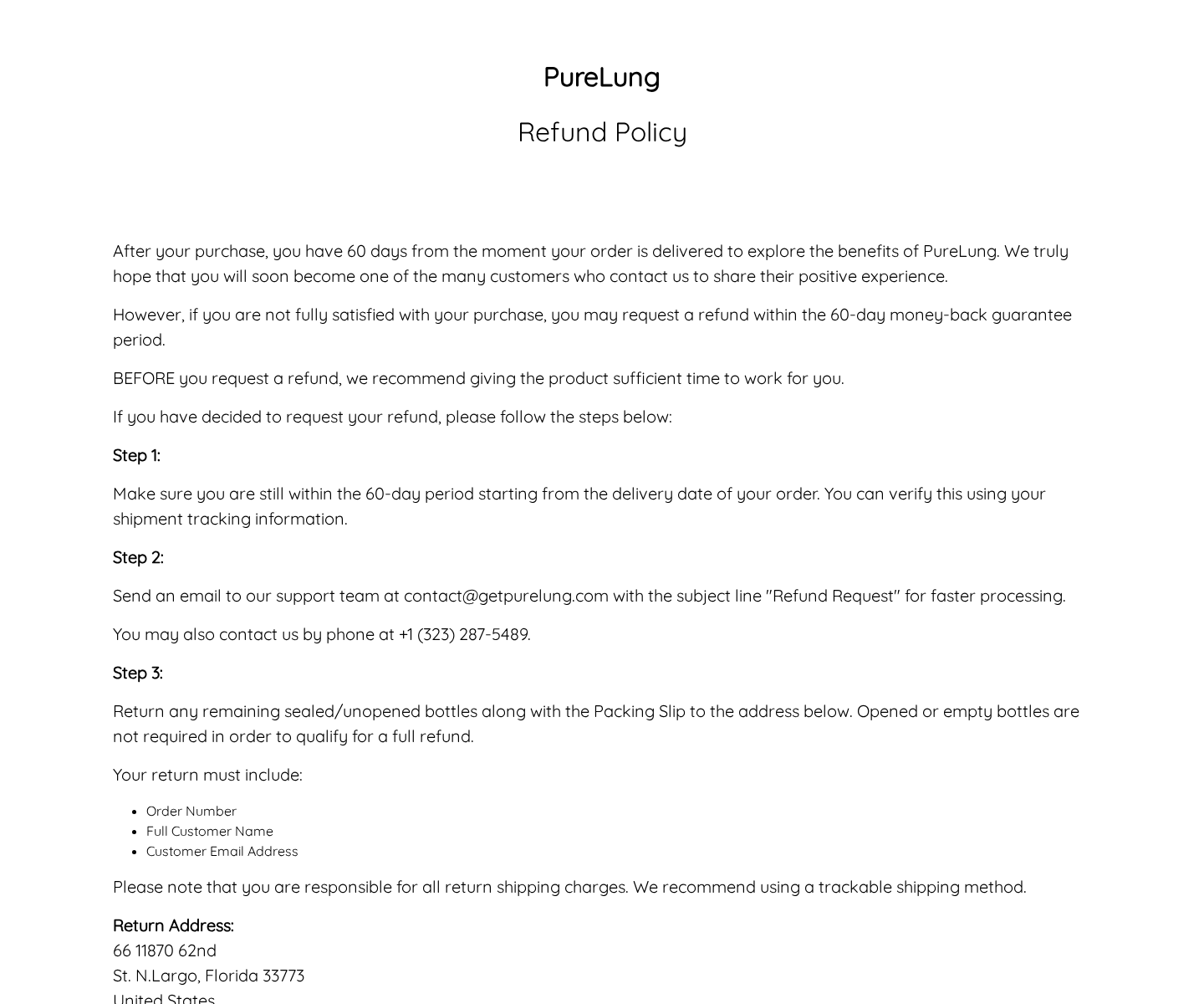PureLung refund page showing return requirements and a support phone number