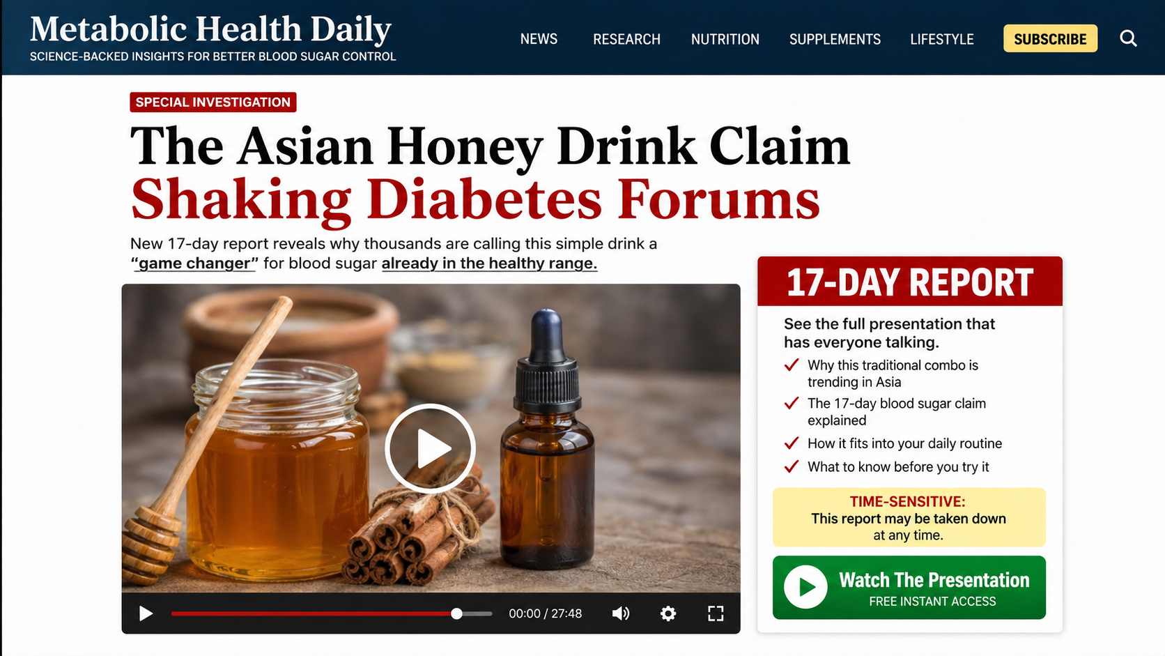 Fake social media news advertisement for an Asian honey diabetes drink