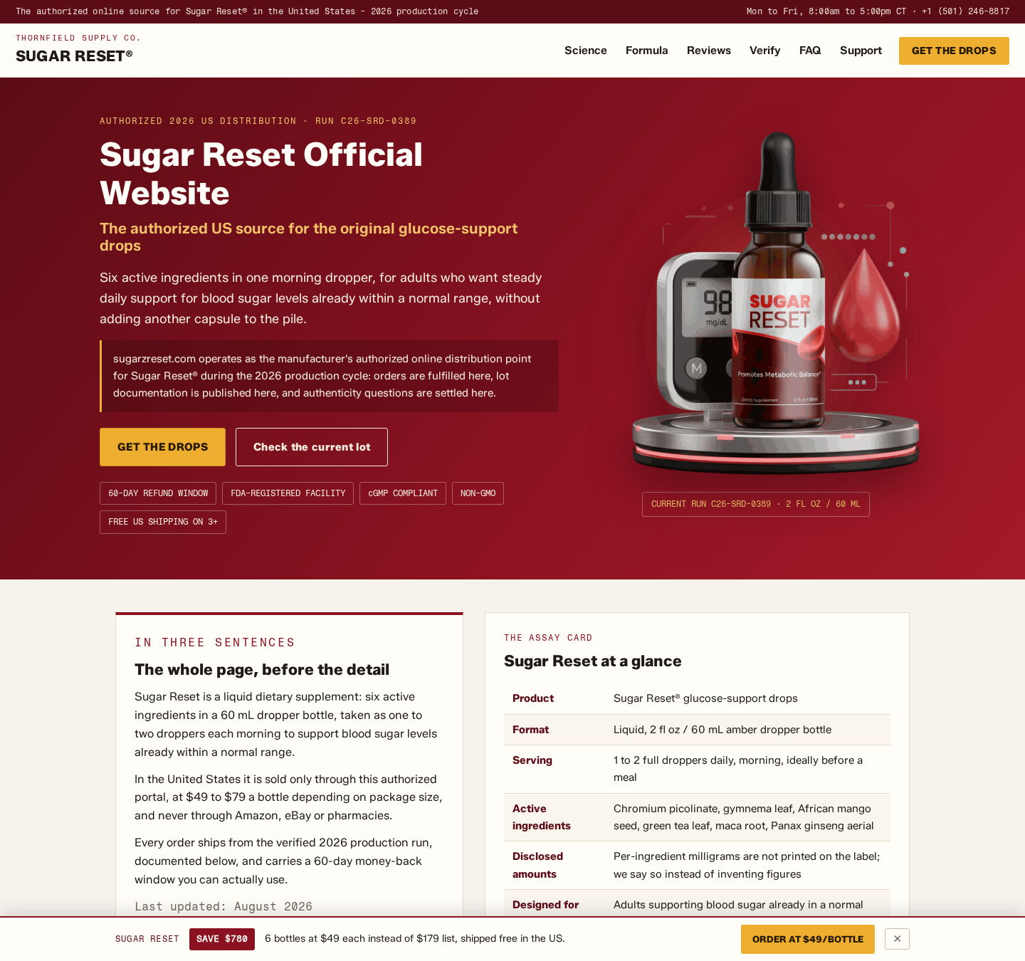 Sugar Reset supplement offer displaying liquid drops and multiple bottle packages