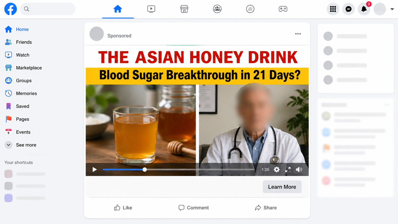 Fake Dr. William Li blood sugar drops advertisement using honey imagery