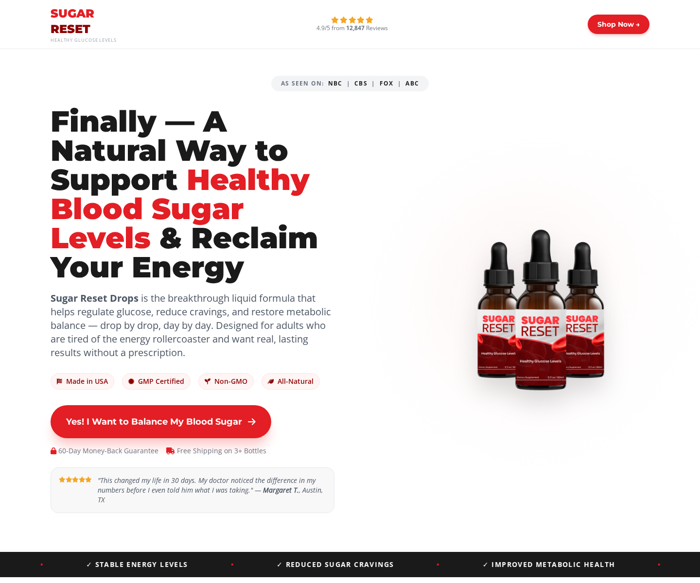 Sugar Reset sales page showing health claims and review count
