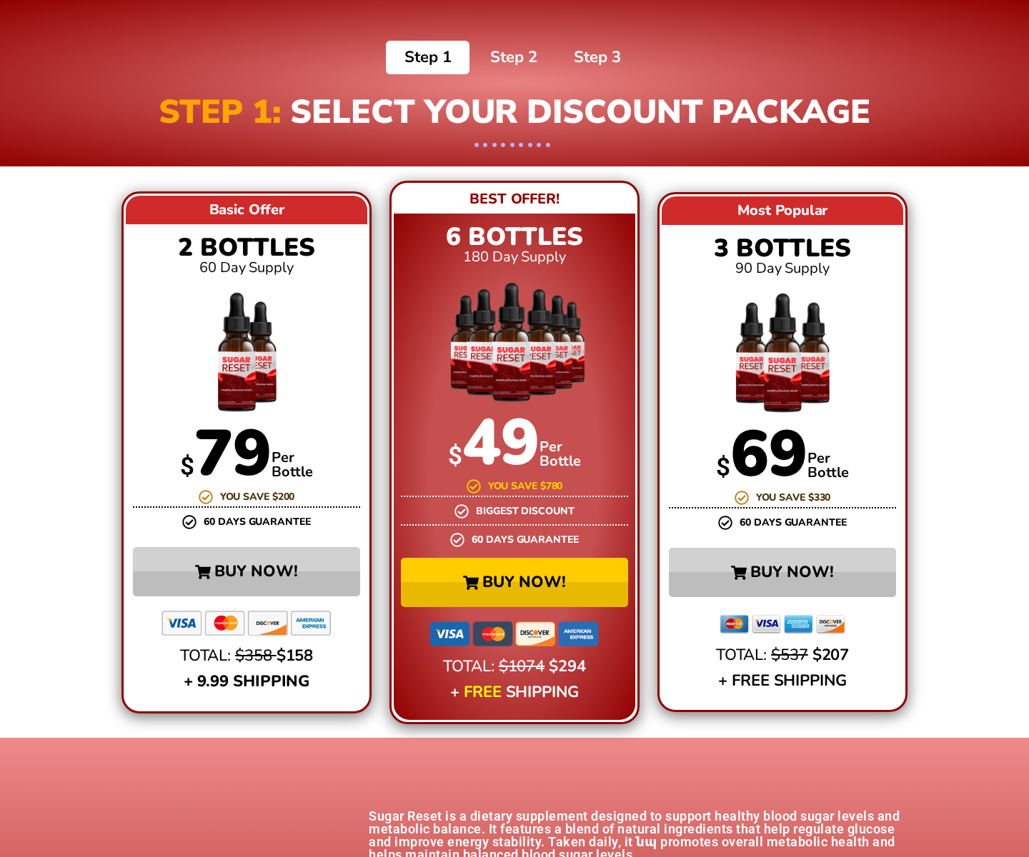 Sugar Reset checkout showing two, three, and six bottle packages