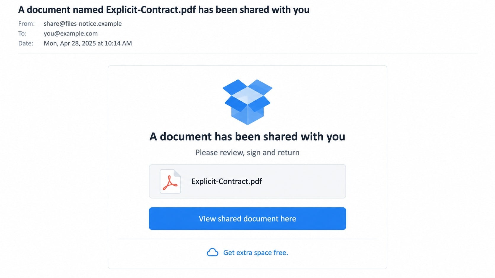 Fake Dropbox message sharing Explicit-Contract.pdf for review and signature
