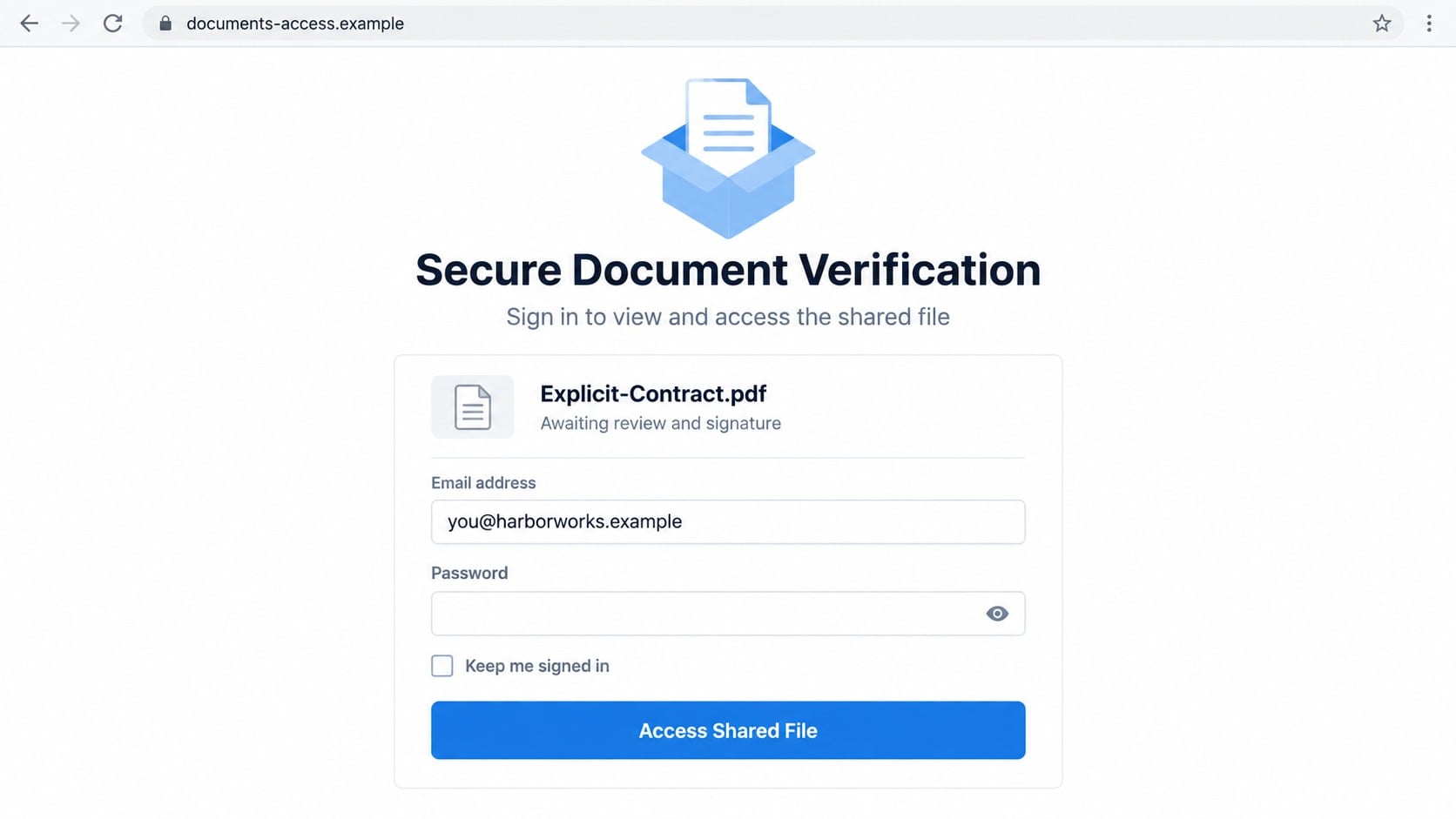 Fake secure document verification login for Explicit-Contract.pdf