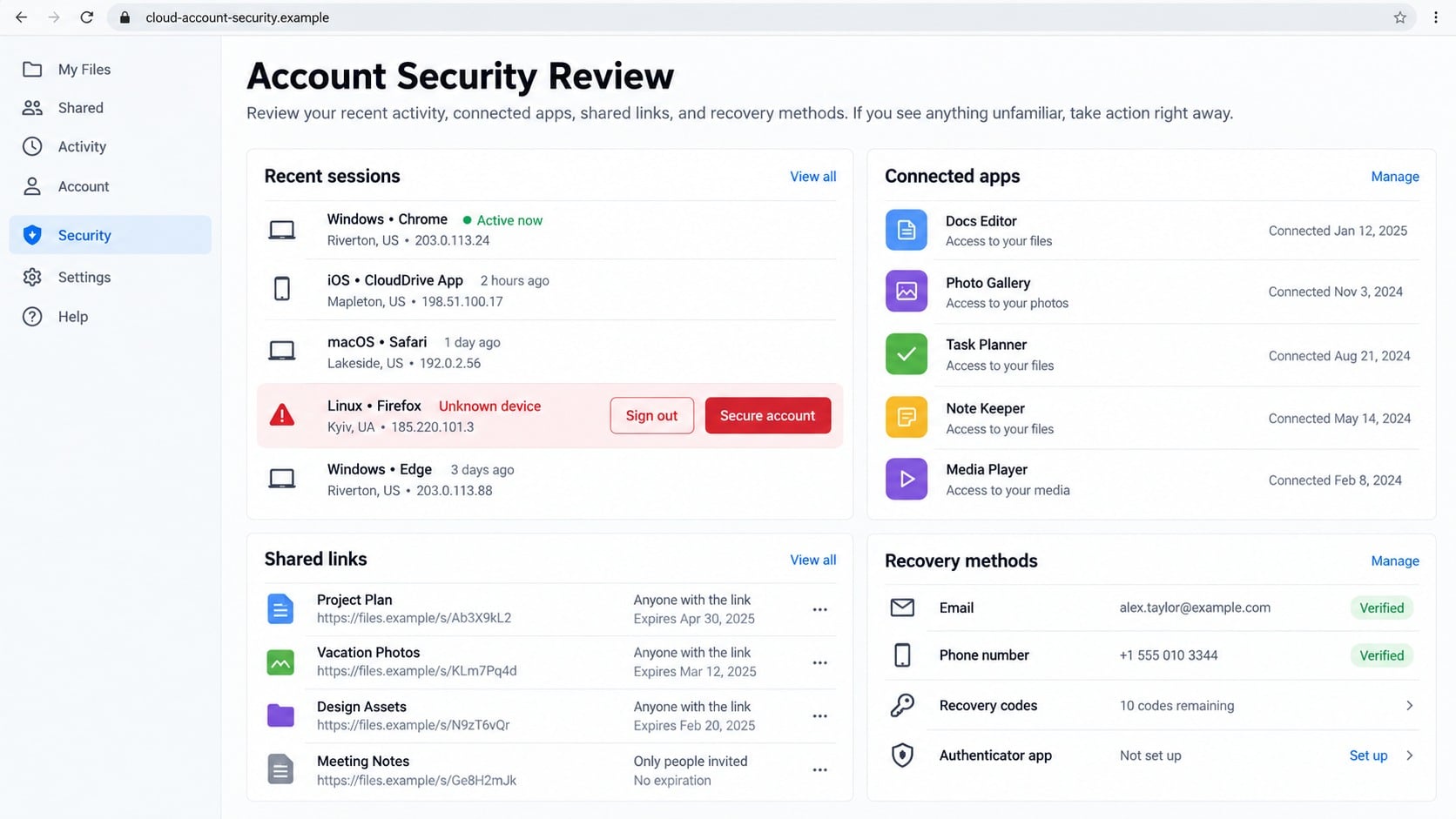 Cloud account security review showing sessions connected apps and shared links