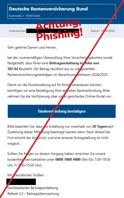 Authentic Deutsche Rentenversicherung impersonation email promising a 387.44 euro refund, annotated as phishing by the consumer warning service