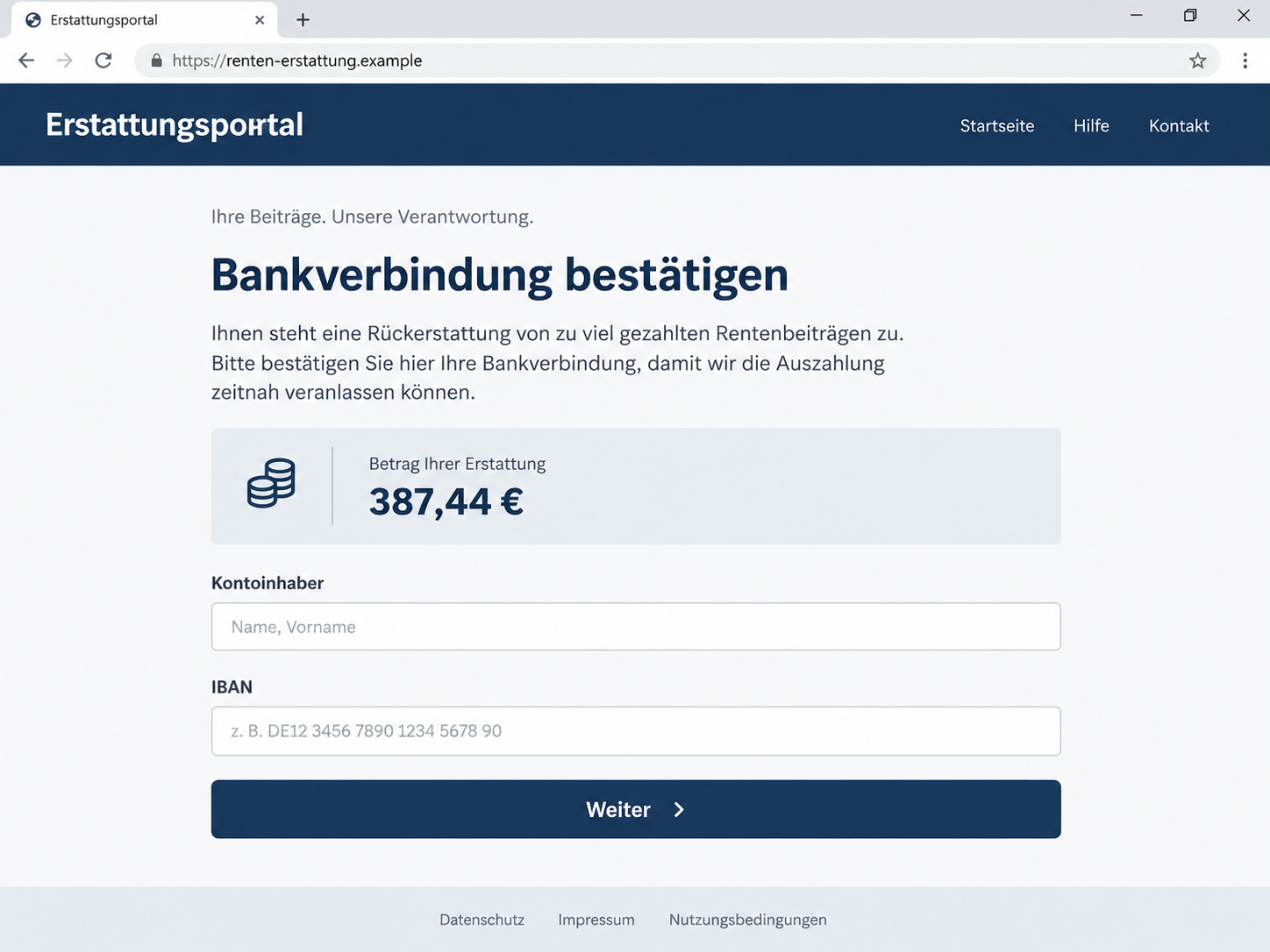Illustrative reconstruction of a pension refund bank-details form on a fictional domain, not an authentic DRV campaign destination