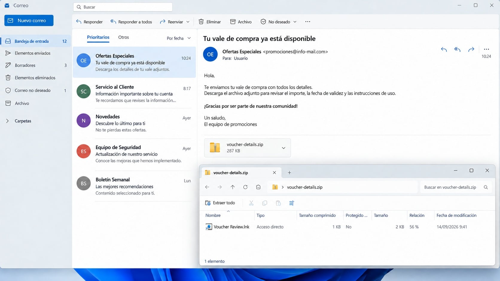 Illustrative voucher email and archive containing a Windows shortcut file
