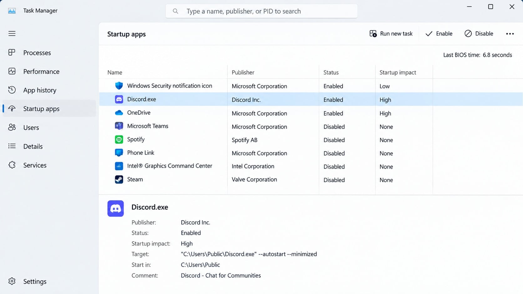 Illustrative Windows startup view with an unexpected Discord executable entry requiring investigation