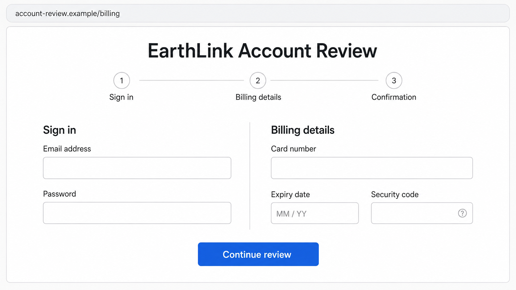 EarthLink Email Scam: How Fake Billing Alerts Steal Your Login Details 2 Fraudulent EarthLink account review page asking for email password and complete card information