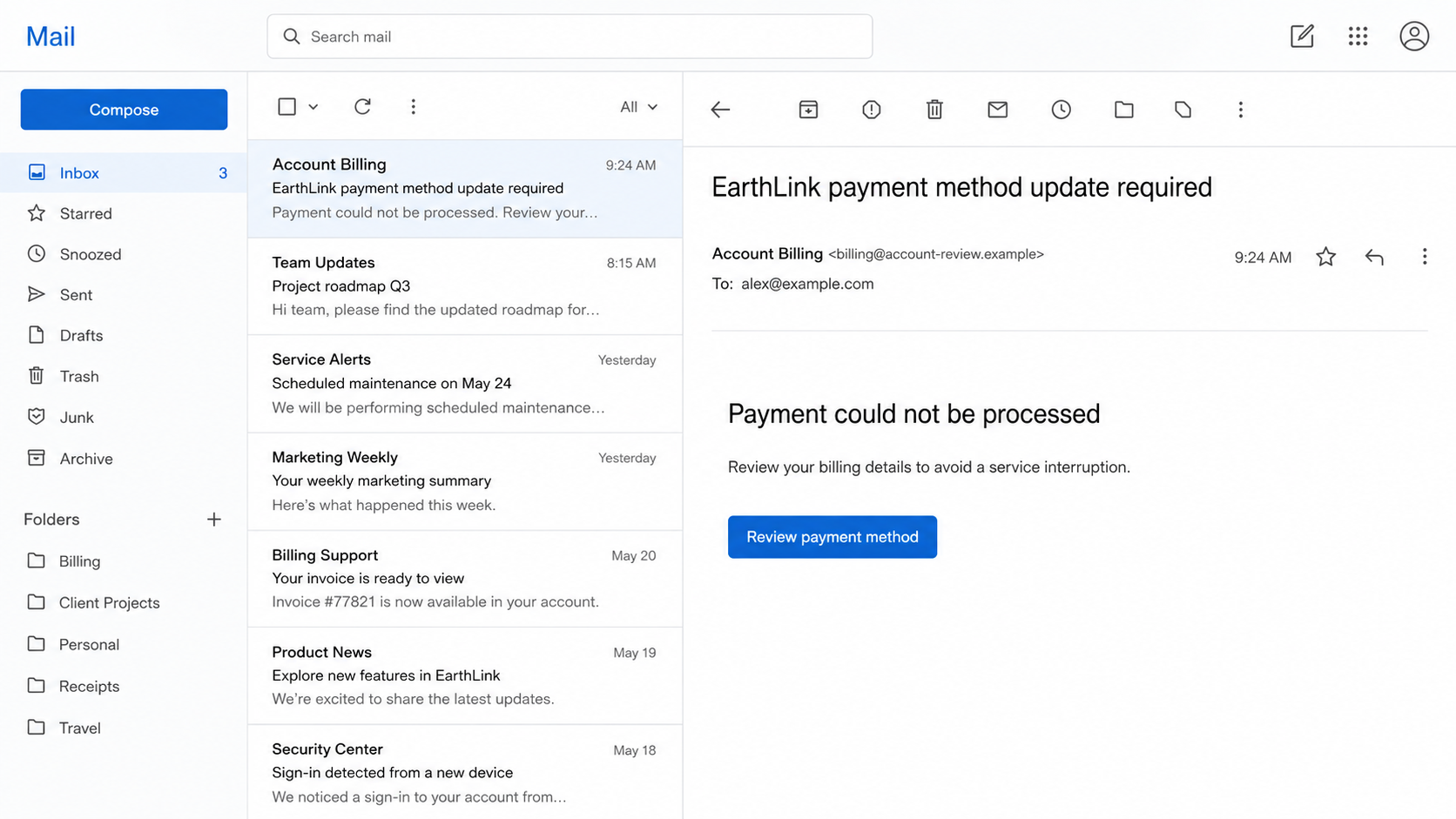 EarthLink Email Scam: How Fake Billing Alerts Steal Your Login Details 1 Fake EarthLink billing email claiming a payment method must be updated to avoid interruption