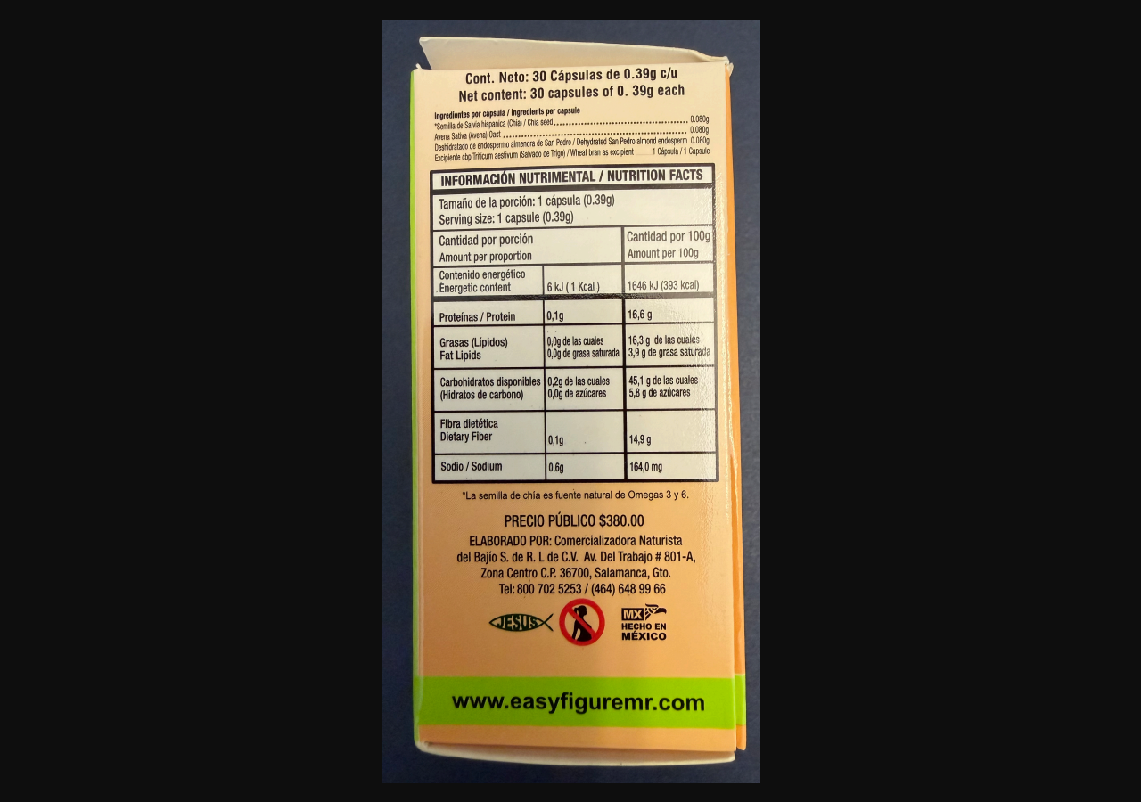 Easy Forte Natural Fiber FDA Alert: Toxic Yellow Oleander Found in Capsules 2 FDA image of Easy Forte Natural Fiber back label with nutrition panel and producer details