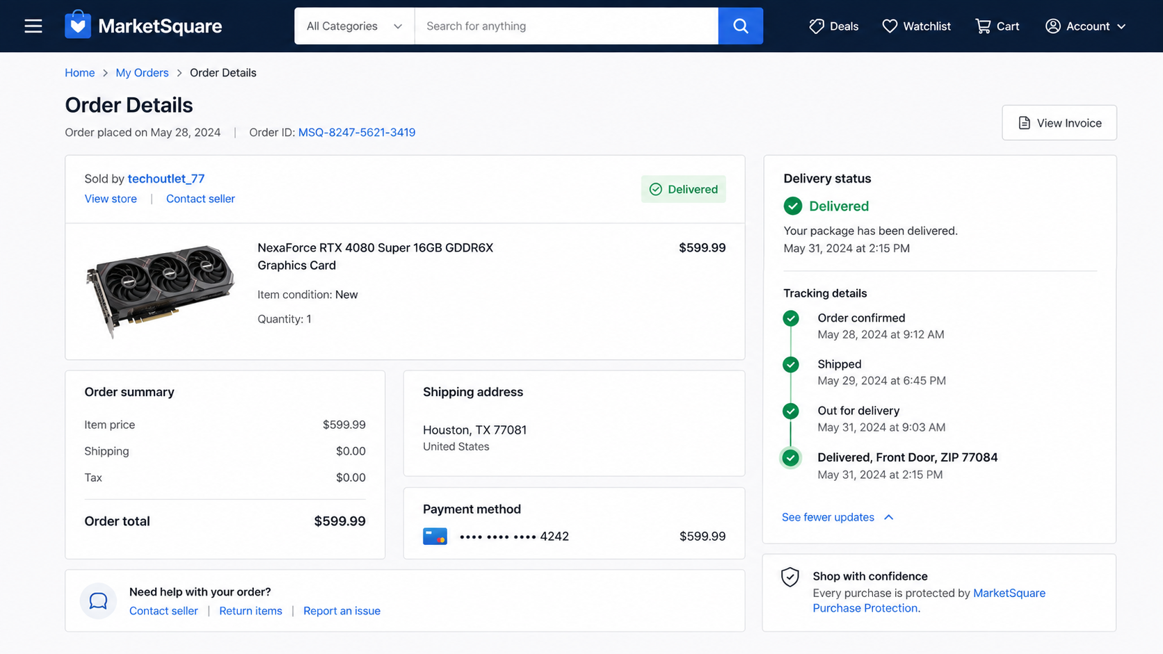 Marketplace order page showing a delivered status and mismatched destination ZIP