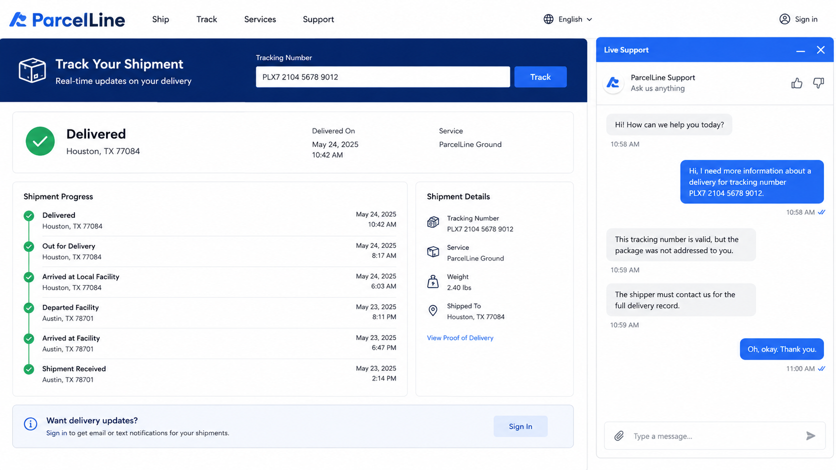 Carrier support page confirming a tracked parcel was not addressed to the buyer