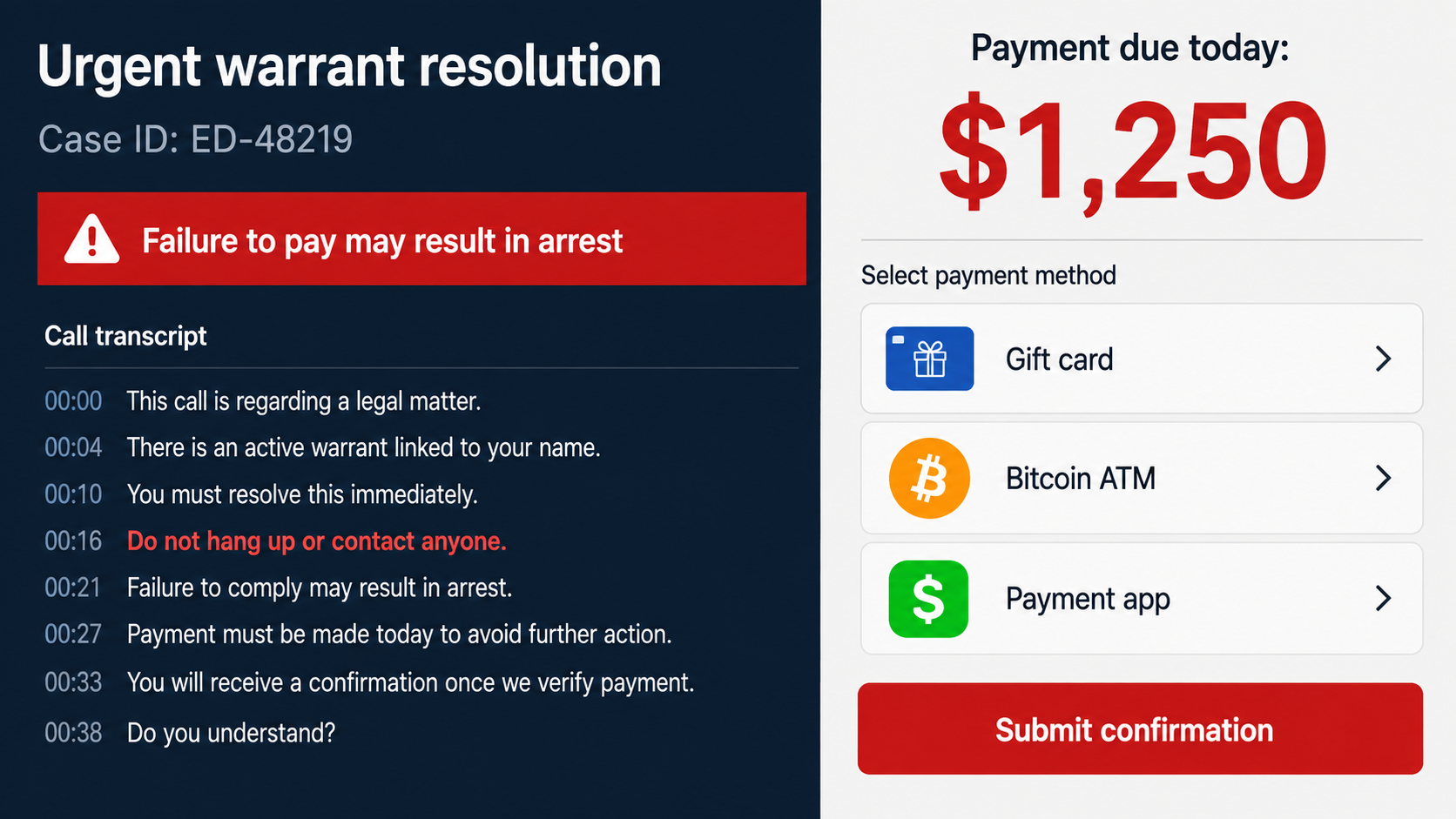 Fake warrant payment screen demanding $1,250 through gift card Bitcoin ATM or payment app