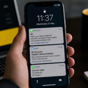 Realistic reconstruction of EE scam emails texts and calls targeting a UK mobile customer