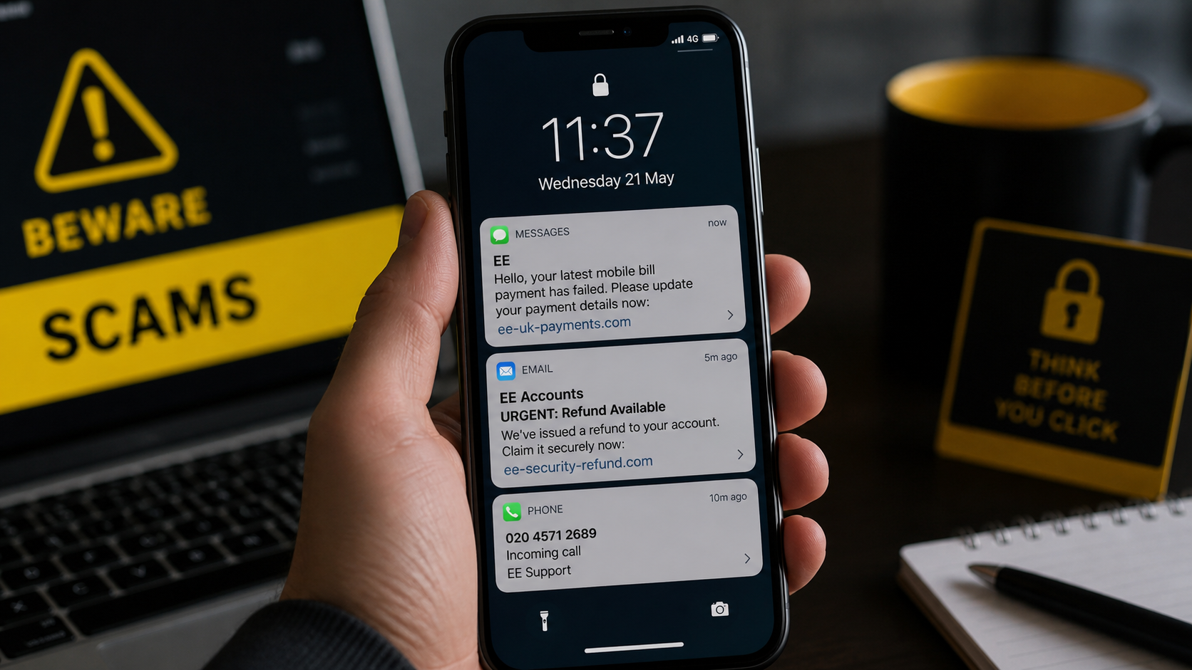Realistic reconstruction of EE scam emails texts and calls targeting a UK mobile customer