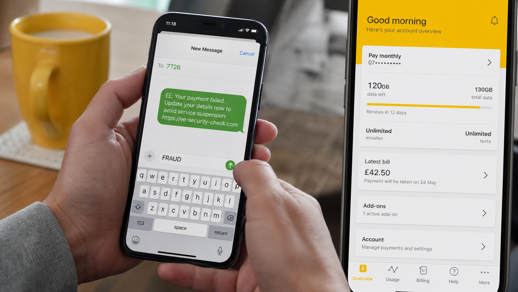 UK mobile customer reporting an EE scam text to 7726 while checking the official account
