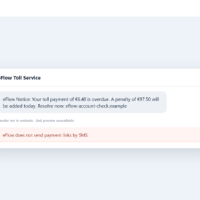 Reconstructed eFlow toll text scam message claiming an unpaid M50 charge