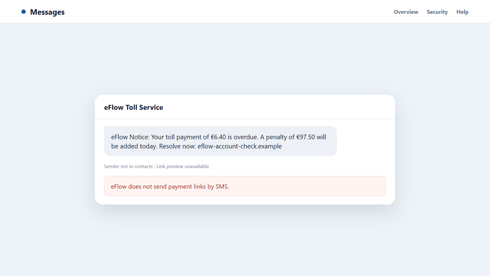 eFlow Toll Text Scam: How Fake Unpaid Toll Messages Steal Card Details 1 Reconstructed eFlow toll text scam message claiming an unpaid M50 charge