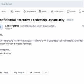 Illustrative executive recruitment email from a fictional sender using a lookalike-style address