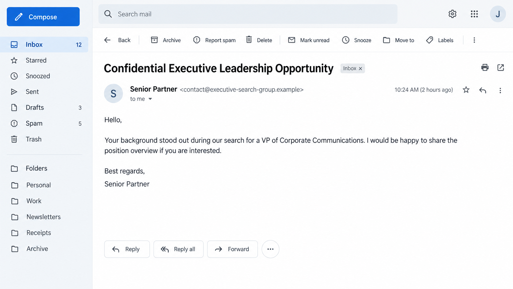 Illustrative executive recruitment email from a fictional sender using a lookalike-style address