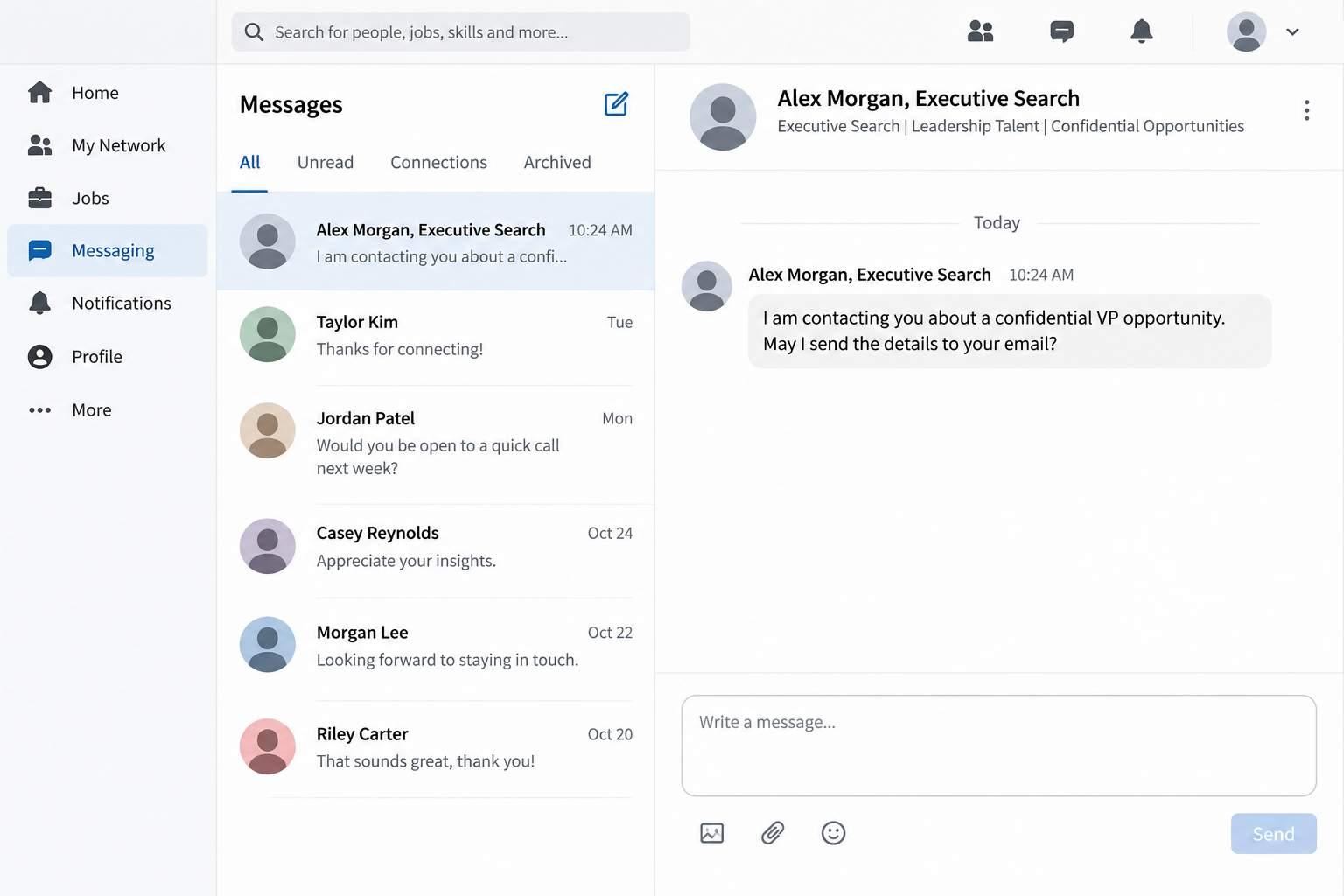 Illustrative professional-network message about a confidential executive role from a fictional recruiter
