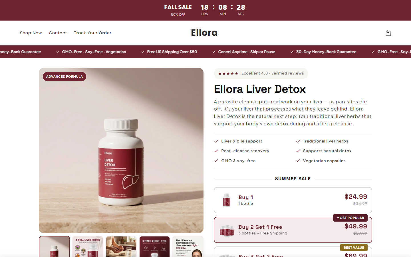 Screenshot of Ellora Liver Detox page linking the product to parasite cleanse recovery