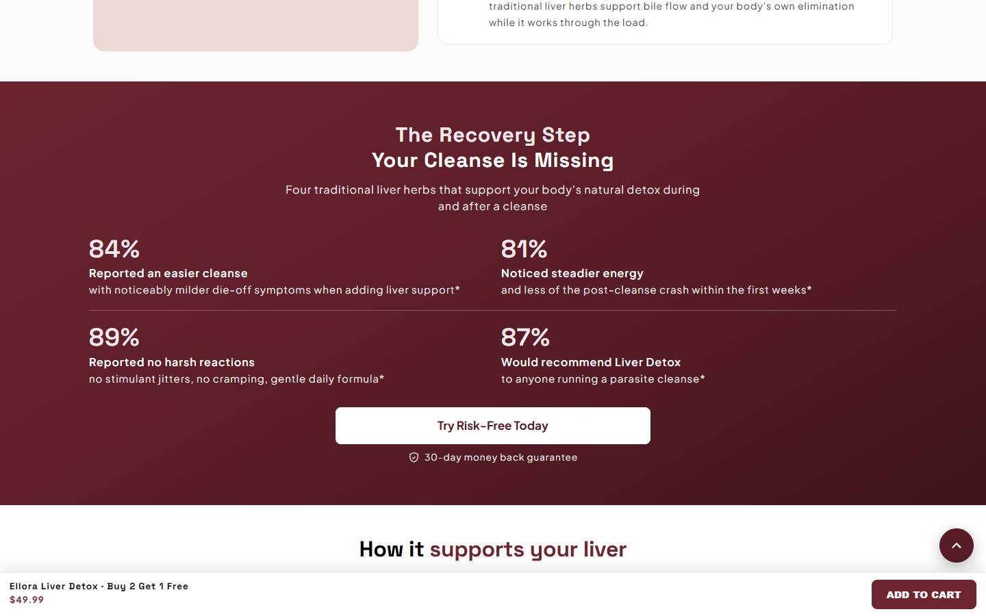 Screenshot of Ellora page explaining its parasite die-off and liver-detox marketing narrative