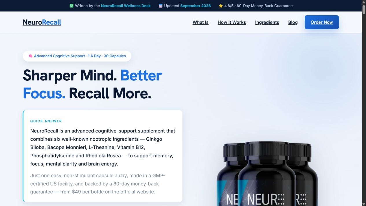 Elon Musk Memory Cure AI Scam Exposed: Fake Videos and Supplement Trap 1 NeuroRecall supplement landing page used after fake Elon Musk memory cure advertising