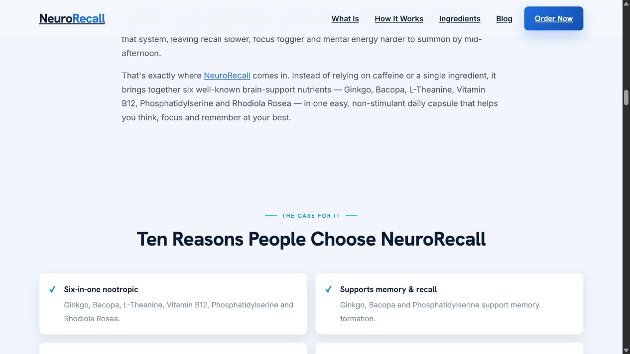 Elon Musk Memory Cure AI Scam Exposed: Fake Videos and Supplement Trap 2 NeuroRecall sales page listing memory ingredients and reasons buyers should choose the supplement